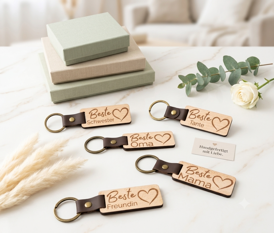 3D Holz-Schlüsselanhänger mit Herz-Gravur – Edles Geschenk für die Familie aus PLA – 3D Deko – ASDEPRO