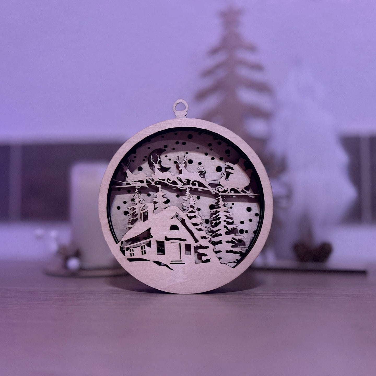 3D LED Holz-Lichtbild Winterdorf – rundes 3D-Schichtbild aus PLA – 3D Weihnachtsdeko – ASDEPRO