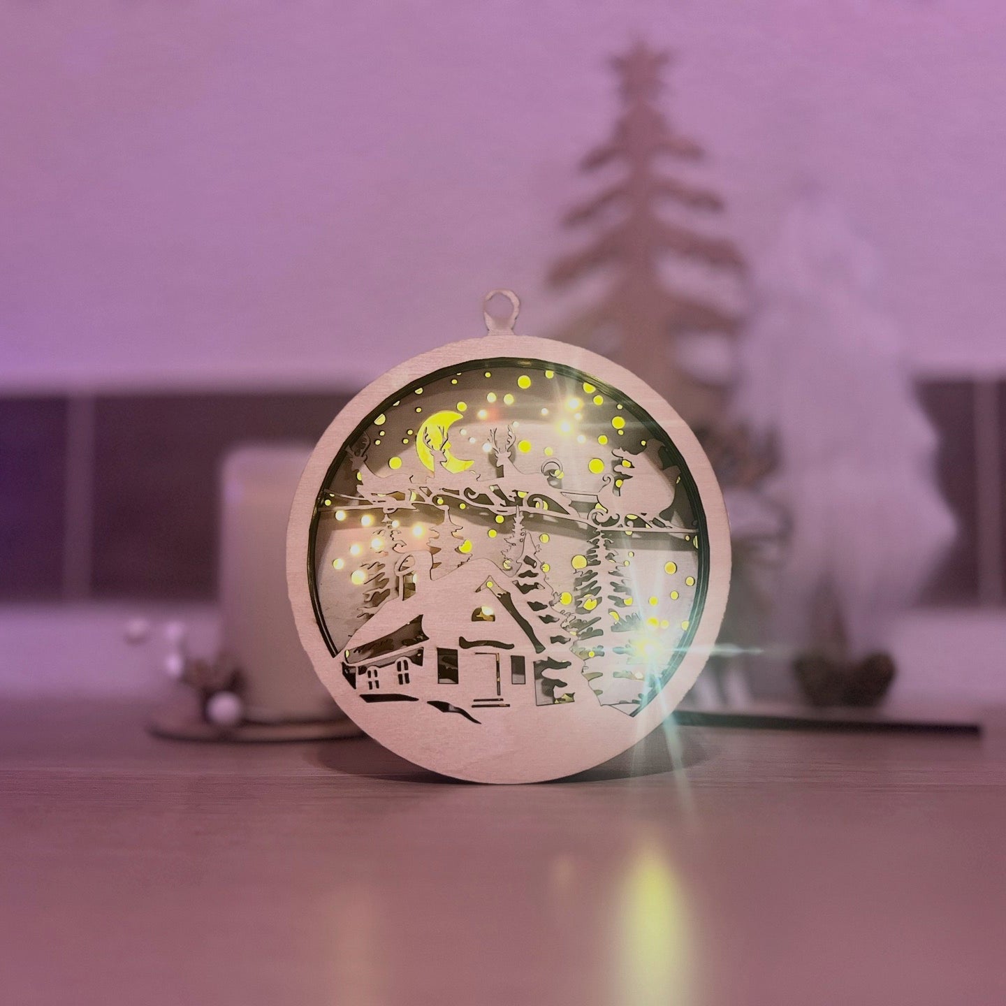 3D LED Holz-Lichtbild Winterdorf – rundes 3D-Schichtbild aus PLA – 3D Weihnachtsdeko – ASDEPRO