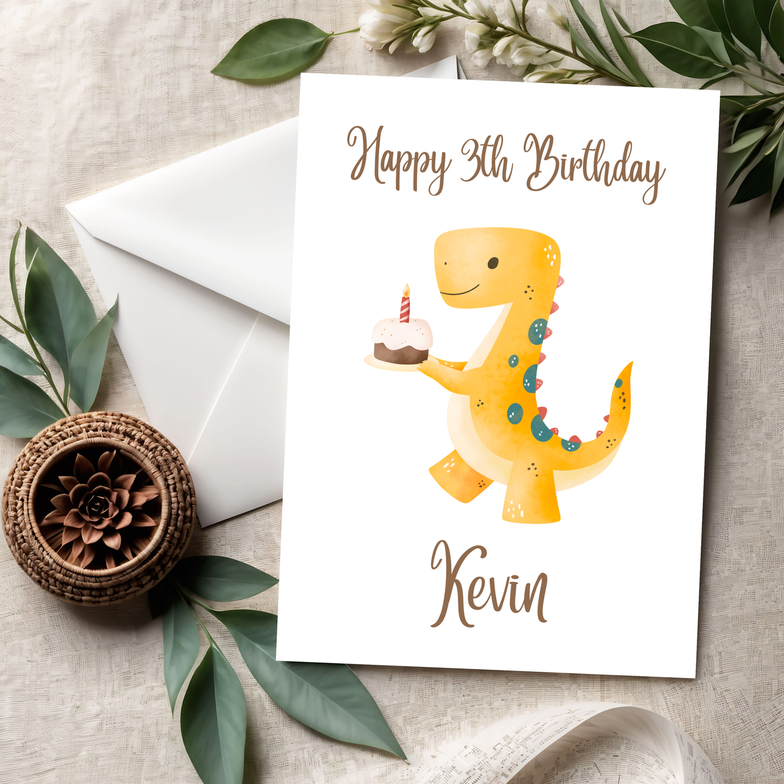 3D Happy Birthday Dino Karte – Süße Kinder-Geburtstagskarte mit fröhlichem Dinosaurier aus PLA – 3D Deko – ASDEPRO