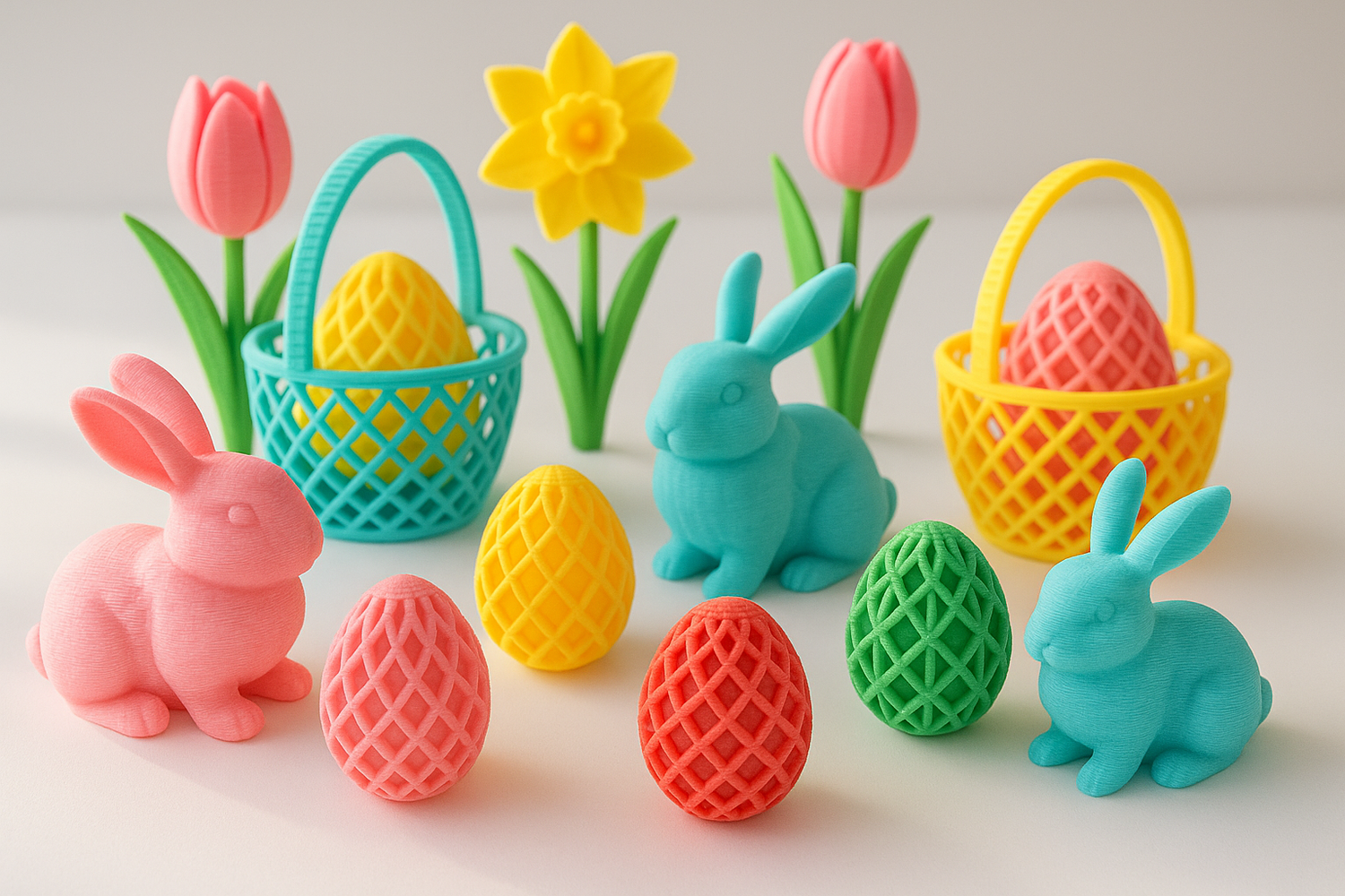 3D Frühlings- und Osterdeko aus PLA – Eier, Körbchen und Hasen in pastelligen Farben, handgefertigt