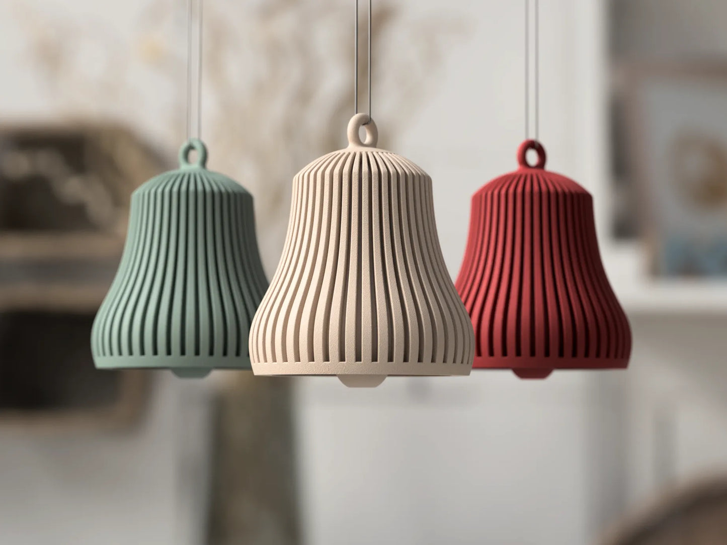 Weihnachtsglocke aus 3D-Druck im Rib-Design, matte Optik, moderner Baumschmuck im Skandi-Stil