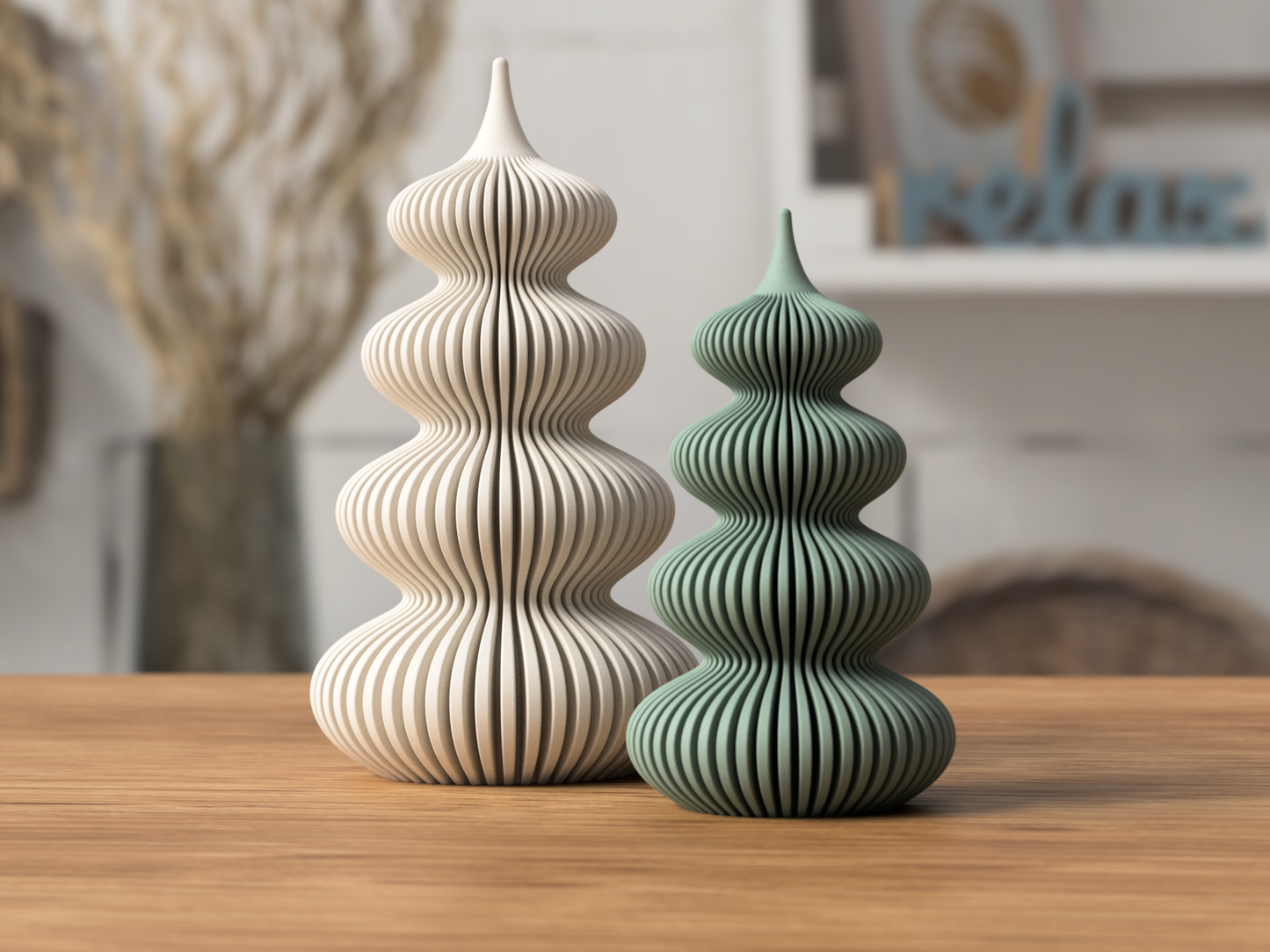 Drei moderne Weihnachtsbäume aus 3D-Druck im Rib-Design, matte Optik, Skandi-Stil