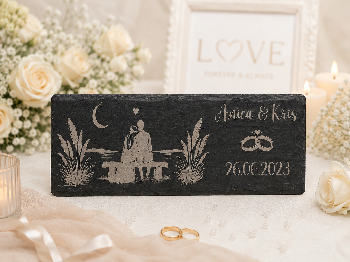 Personalisierte Hochzeitsplatte aus Naturschiefer mit Lasergravur – im minimalistischen Skandi/Japandi-Design