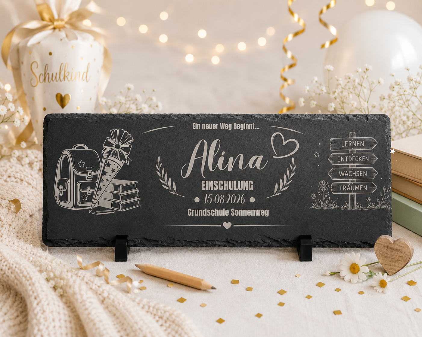 Personalisierte Schieferplatte Einschulung mit Name | Geschenk zum Schulanfang