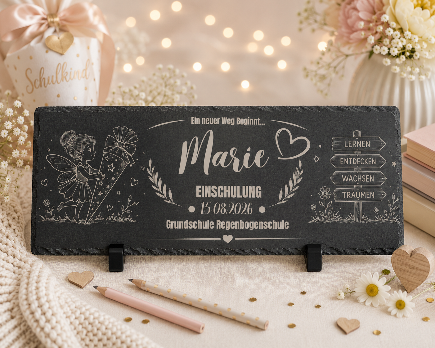 Personalisierte Schieferplatte Einschulung mit Name | Geschenk zum Schulanfang