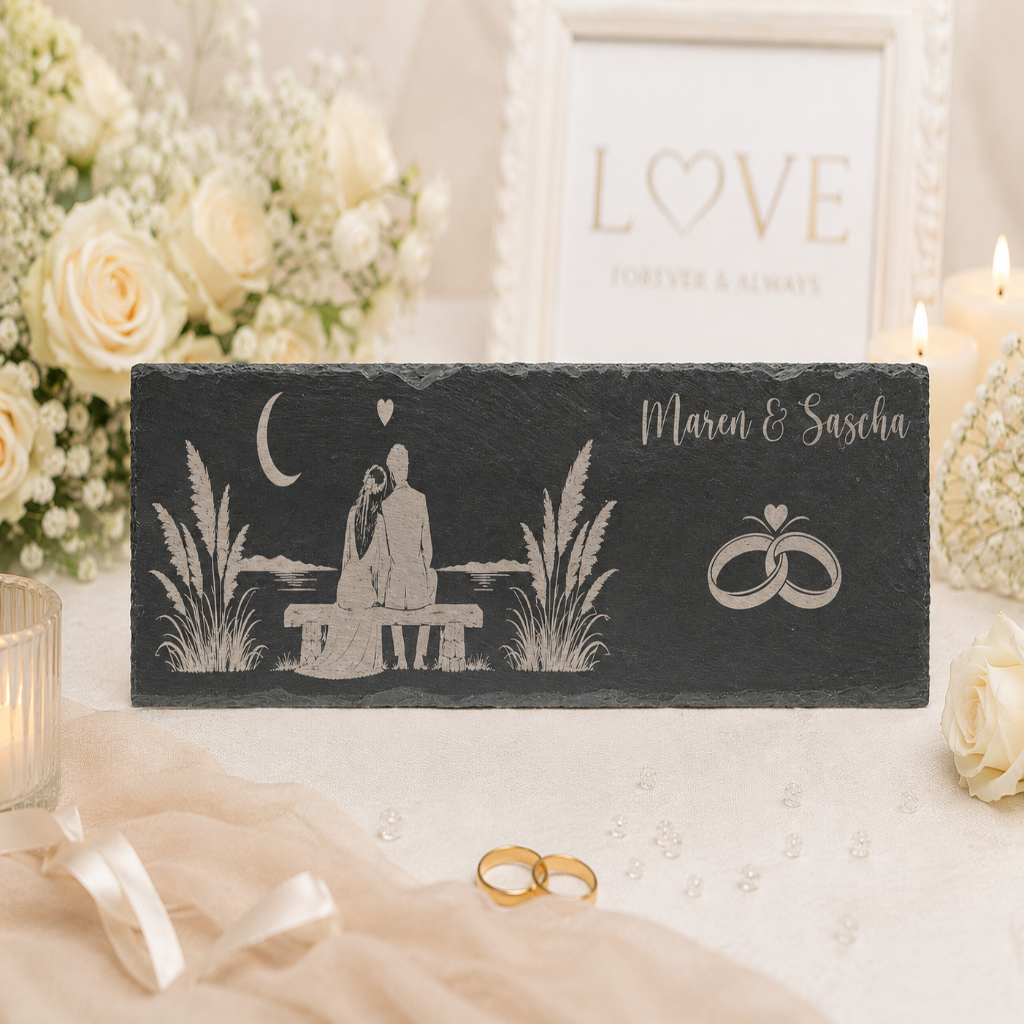 Personalisierte Hochzeitsplatte aus Naturschiefer mit Gravur von Namen und Datum, edles Geschenk