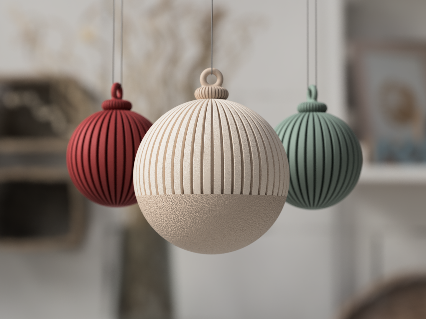 Weihnachtskugeln aus 3D-Druck im Rib-Design, matte Optik, moderner Christbaumschmuck