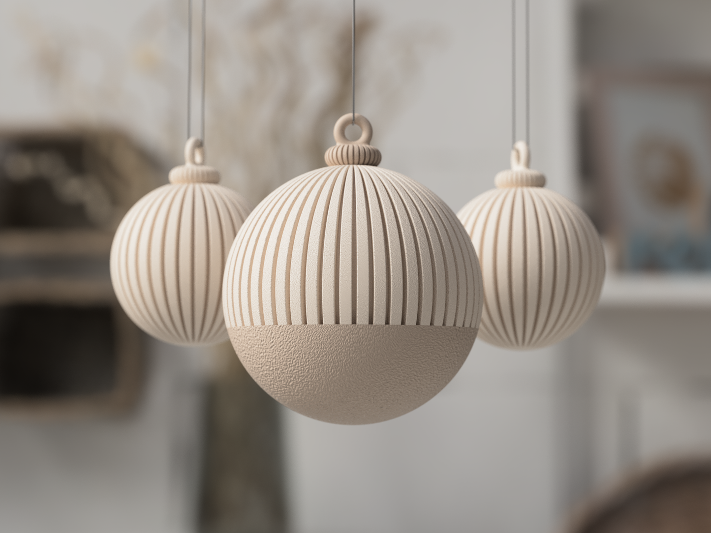3D Weihnachtskugeln modern mit fein gerippter Oberfläche – im minimalistischen Skandi/Japandi-Design