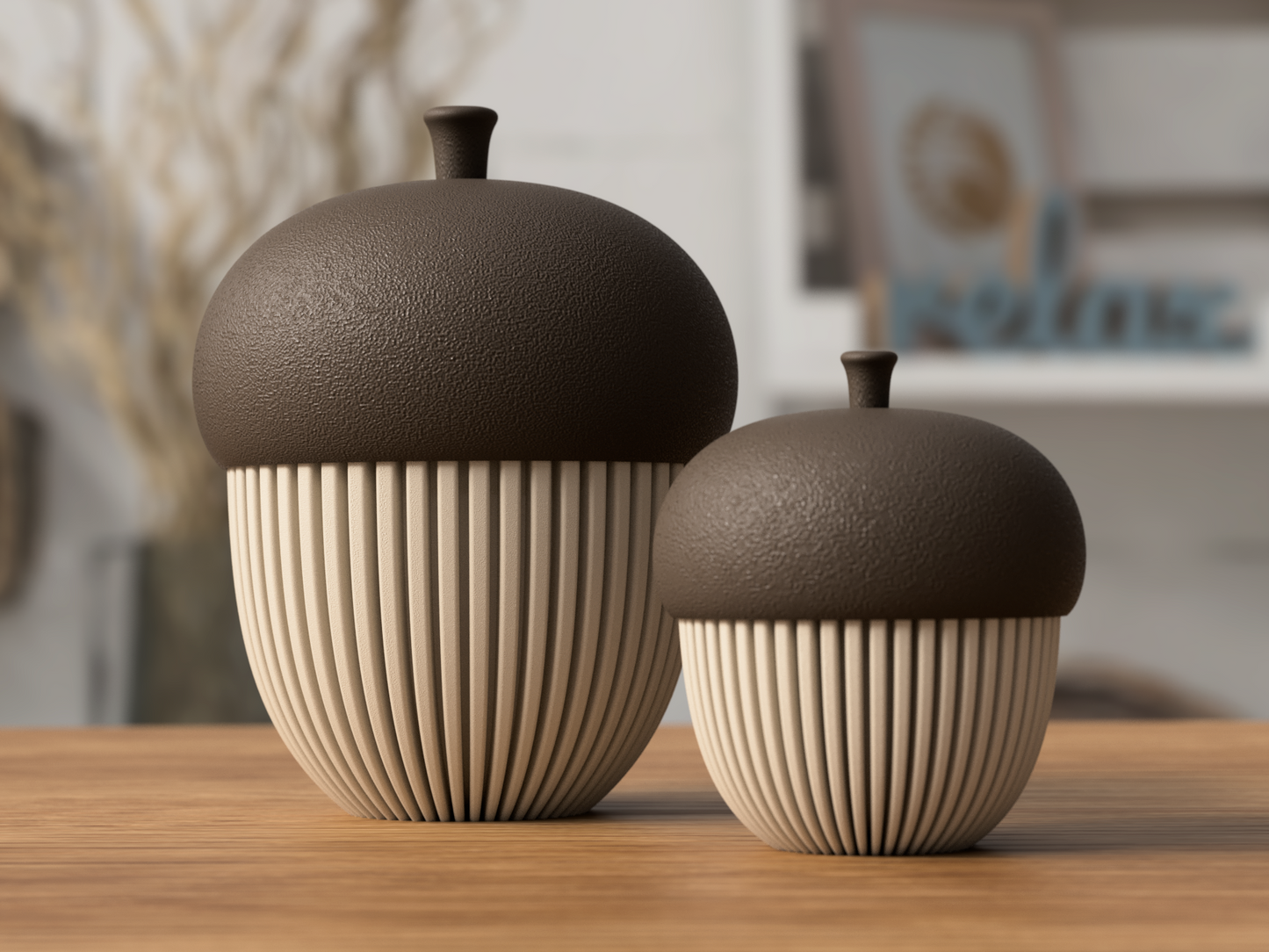 Deko-Eichel aus 3D-Druck im Rib-Design, matte Optik, minimalistische Herbstdeko