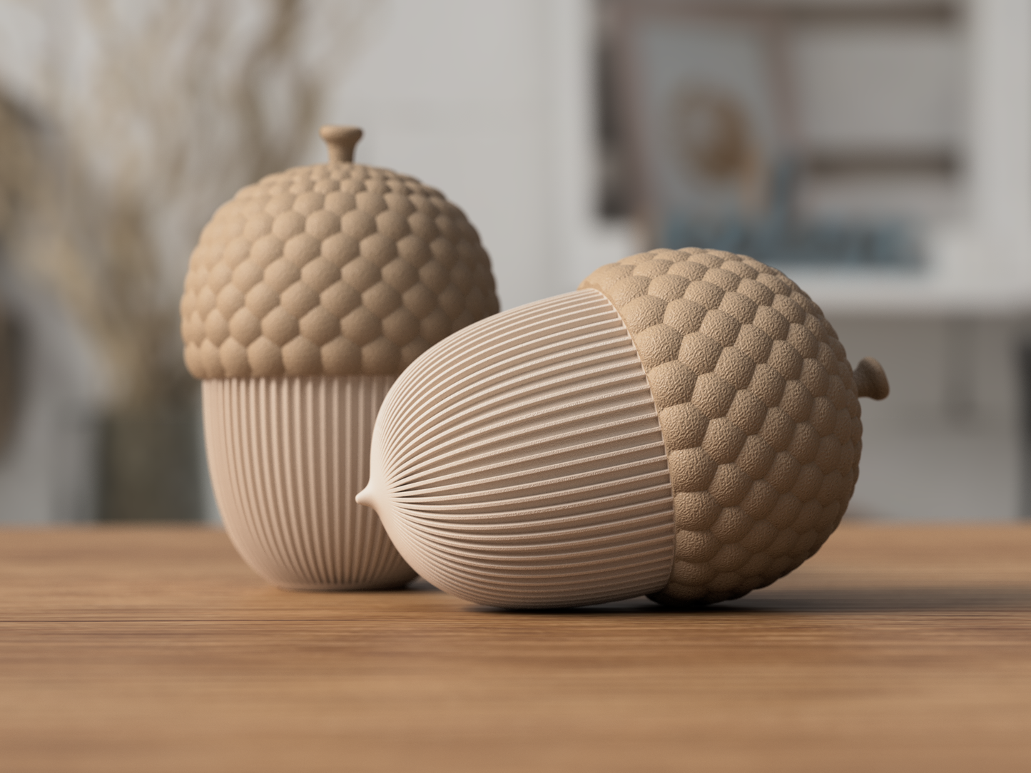 Deko-Eichel aus 3D-Druck im Rib-Design, matte Optik, moderne Herbstdeko im Skandi-Stil
