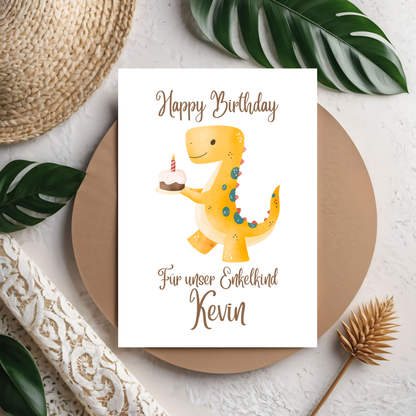 Happy Birthday Dino Karte – Süße Kinder-Geburtstagskarte mit fröhlichem Dinosaurier