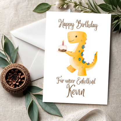 Happy Birthday Dino Karte – Süße Kinder-Geburtstagskarte mit fröhlichem Dinosaurier
