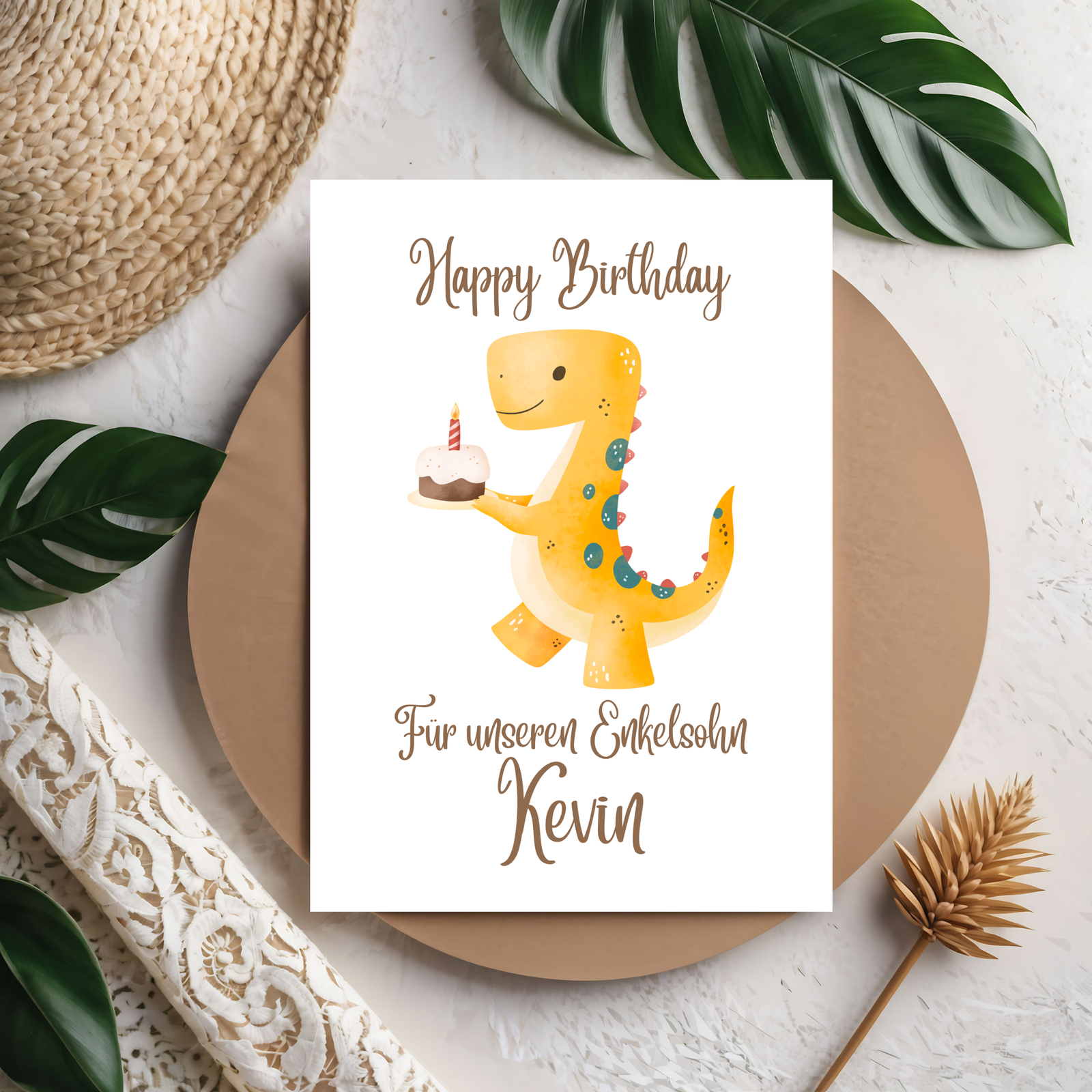 3D Happy Birthday Dino Karte – Süße Kinder-Geburtstagskarte mit fröhlichem Dinosaurier aus PLA – 3D Deko – ASDEPRO