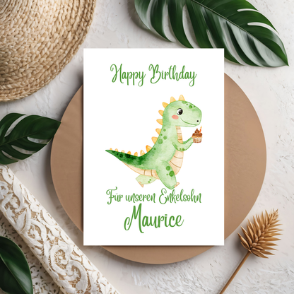 Happy Birthday – Süße Kinderkarte mit lustigem Dino-Motiv
