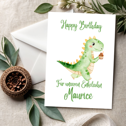 Happy Birthday – Süße Kinderkarte mit lustigem Dino-Motiv