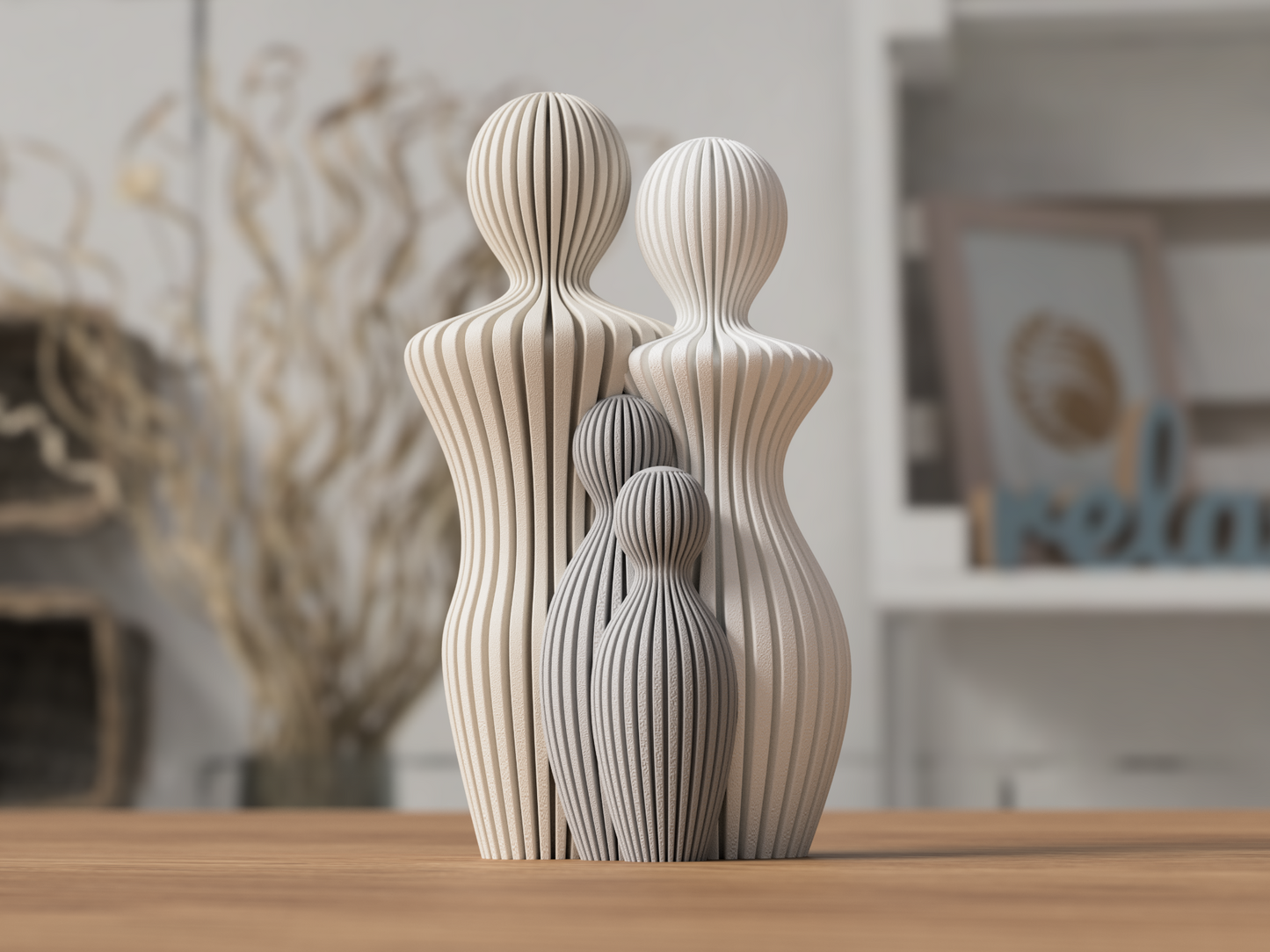 Familienfigur mit zwei Kindern aus 3D-Druck im Skandi-Stil, matte Optik, moderne Dekofigur