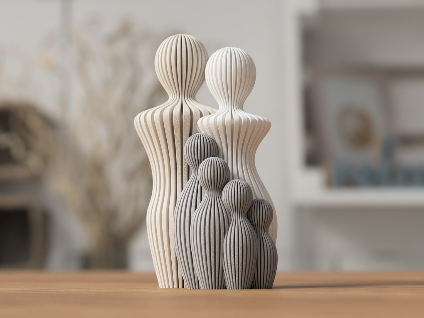 Familienfigur mit vier Kindern aus 3D-Druck im Skandi-Stil, matte Optik, minimalistische Skulptur