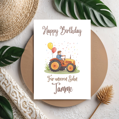 Happy Birthday Trecker Karte – Süße Kinder-Geburtstagskarte mit buntem Traktor