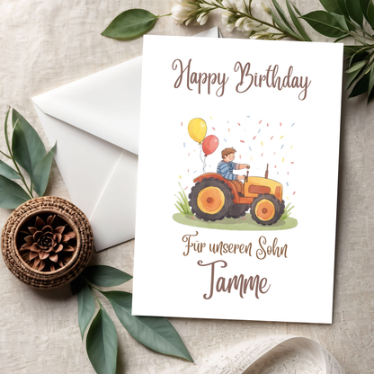 Happy Birthday Trecker Karte – Süße Kinder-Geburtstagskarte mit buntem Traktor