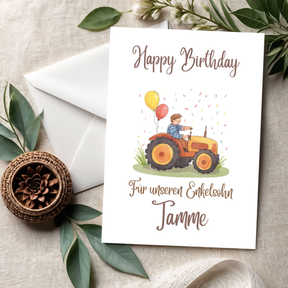 Happy Birthday Trecker Karte – Süße Kinder-Geburtstagskarte mit buntem Traktor