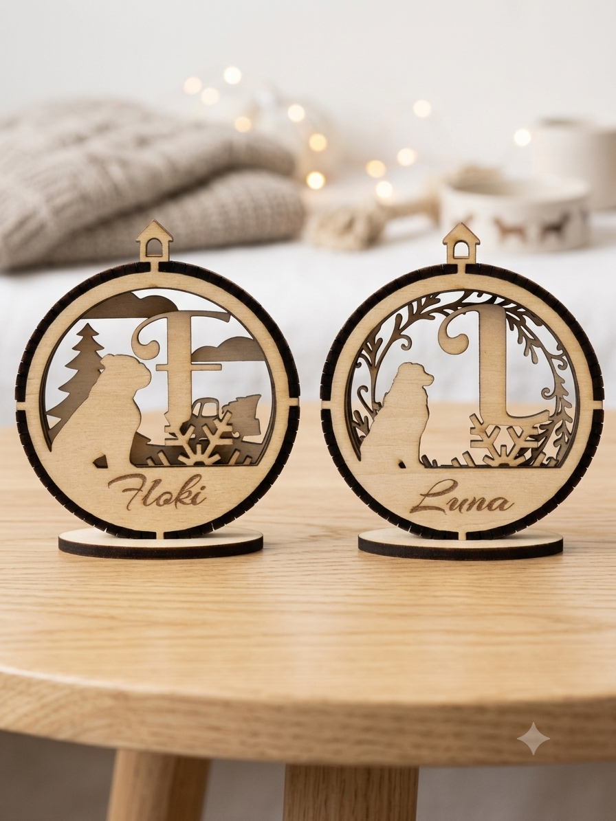 3D Personalisierte Hunde Weihnachtskugel Holz Ornament mit Name aus PLA – 3D Deko – ASDEPRO