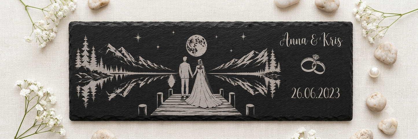 Personalisierte Hochzeitsplatte aus Naturschiefer mit Lasergravur – im minimalistischen Skandi/Japandi-Design (Ansicht 3)