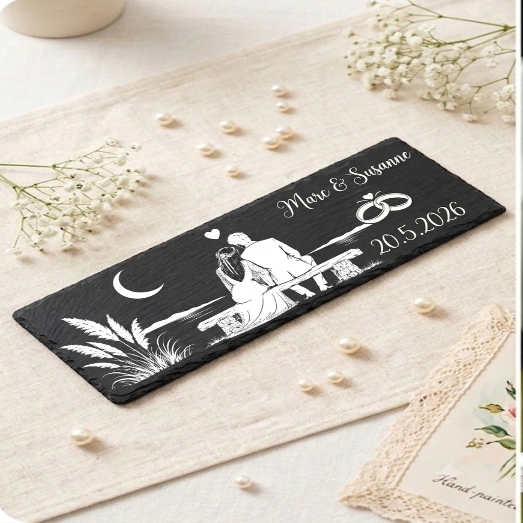 Personalisierte Hochzeitsplatte mit Wunschgravur handgemacht von ASDEPRO – für Sideboard, Regal oder Fensterbank