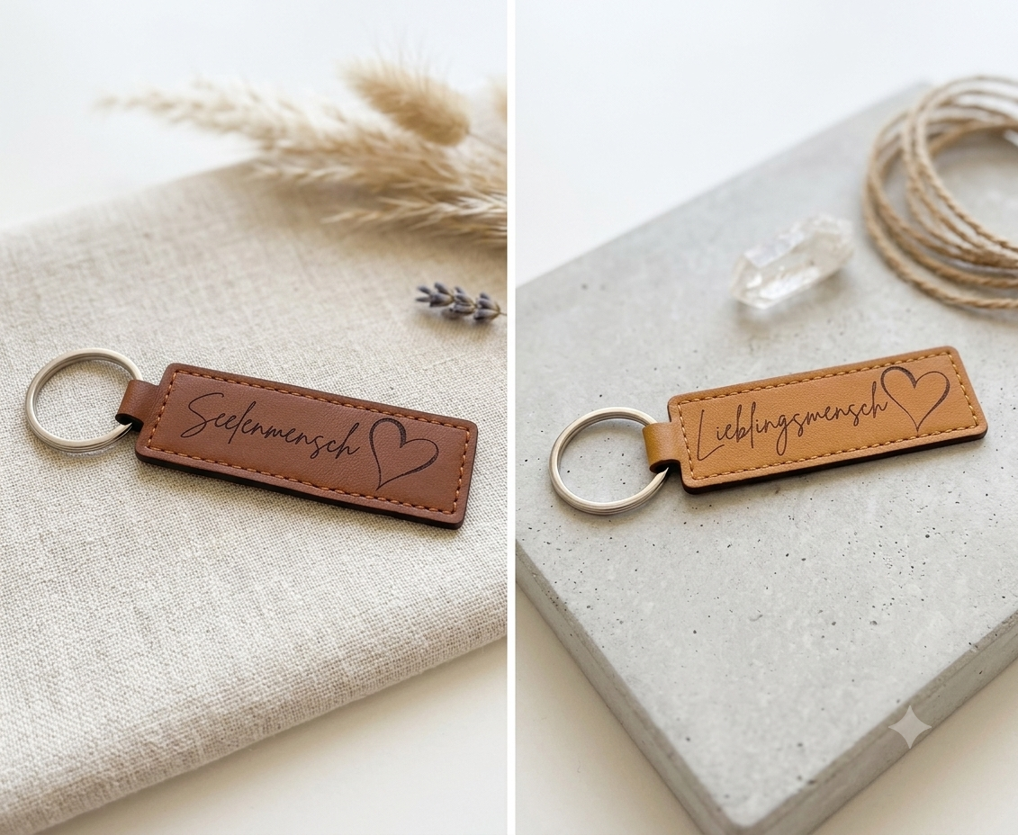Schlüsselanhänger Lieblingsmensch aus (Kunst-)Leder mit Lasergravur – im minimalistischen Skandi/Japandi-Design