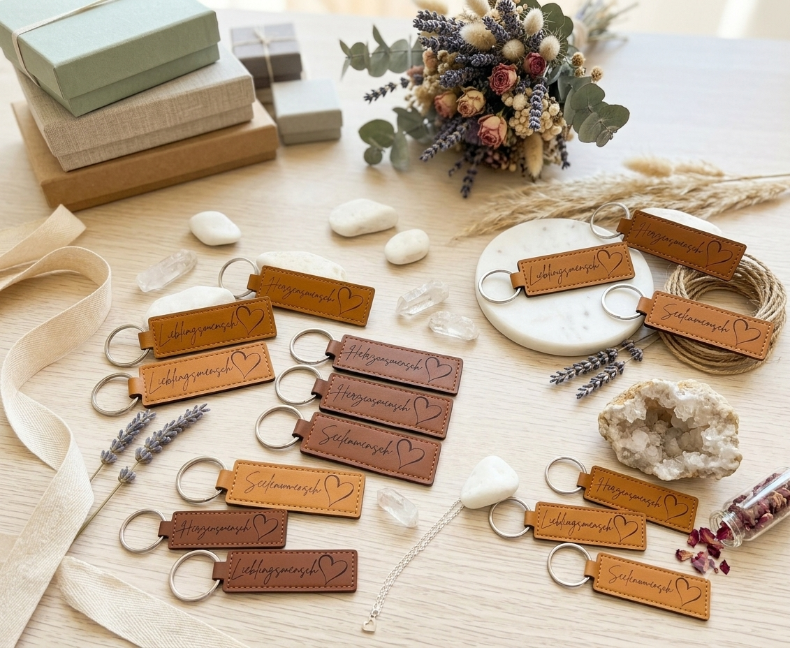 Schlüsselanhänger aus Leder mit Herz-Motiv, dezente Gravur, Geschenk für Lieblingsmenschen