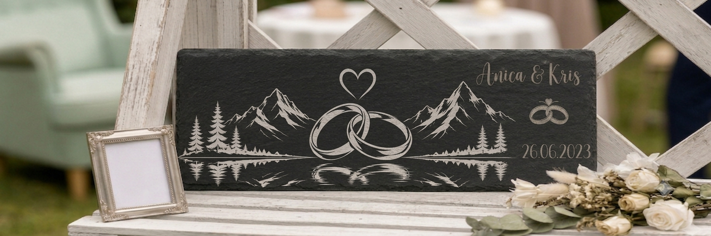 Personalisierte Hochzeitsplatte mit Wunschgravur aus Naturschiefer mit Lasergravur – für Sideboard, Regal oder Fensterbank (Ansicht 2)