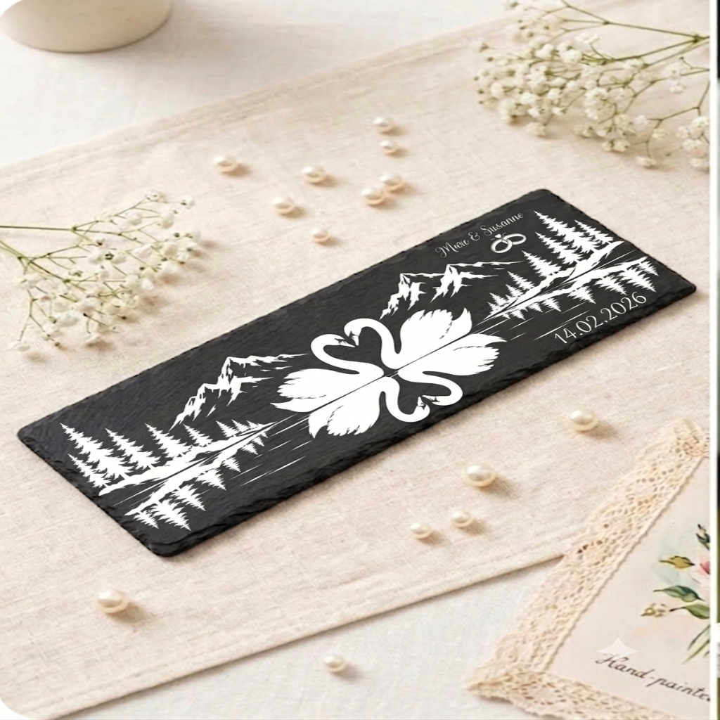 Personalisierte Hochzeitsplatte mit Wunschgravur aus Naturschiefer mit Lasergravur – für Sideboard, Regal oder Fensterbank