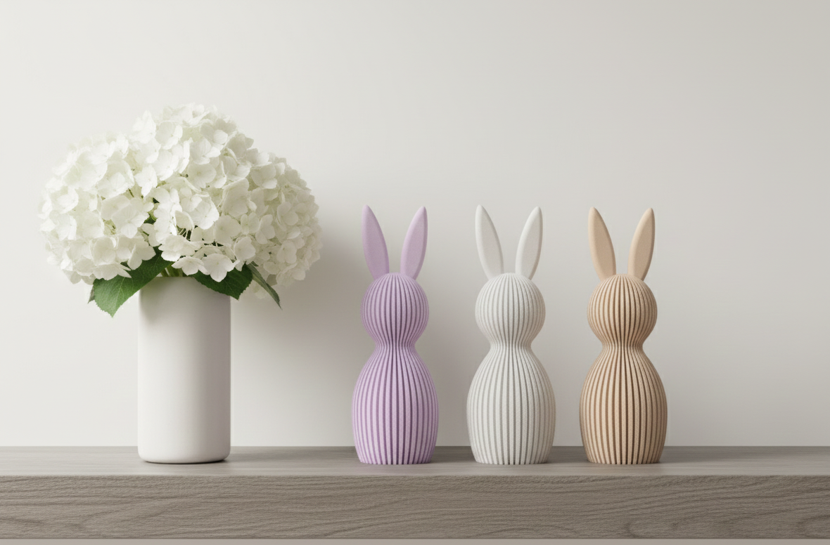 Osterhase aus 3D-Druck im Rib-Design, matte Optik, minimalistische Osterdeko