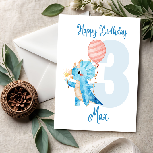 Geburtstagskarte Dino mit Ballon Blau