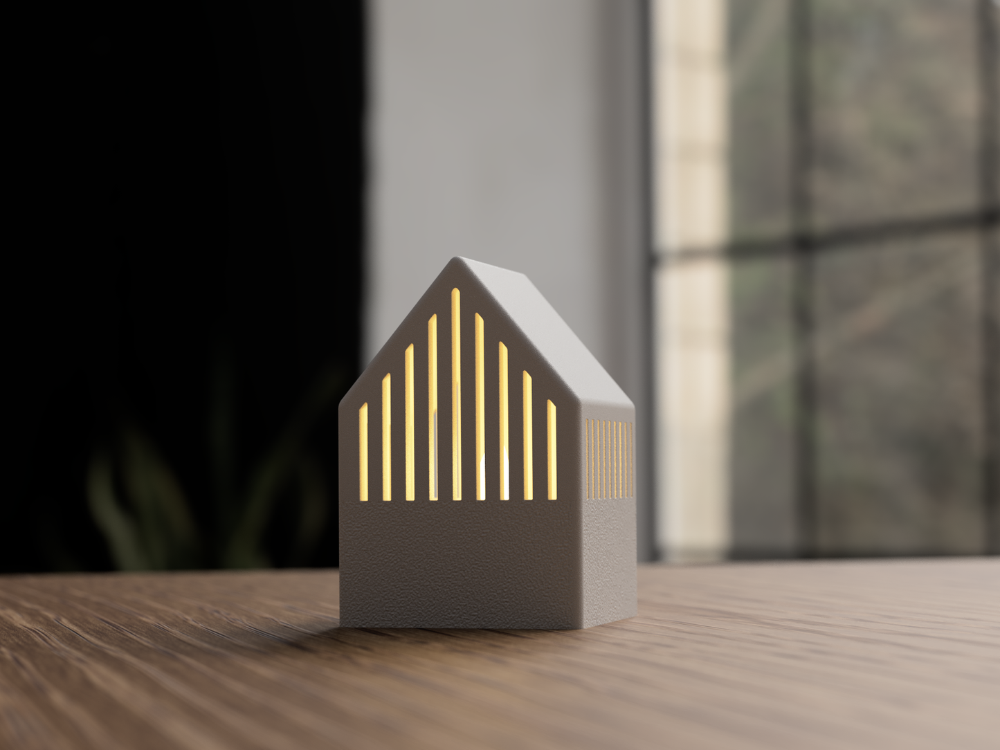 Teelicht-Haus aus 3D-Druck im Japandi-Stil, matte Optik, warmes Licht als Wohndeko