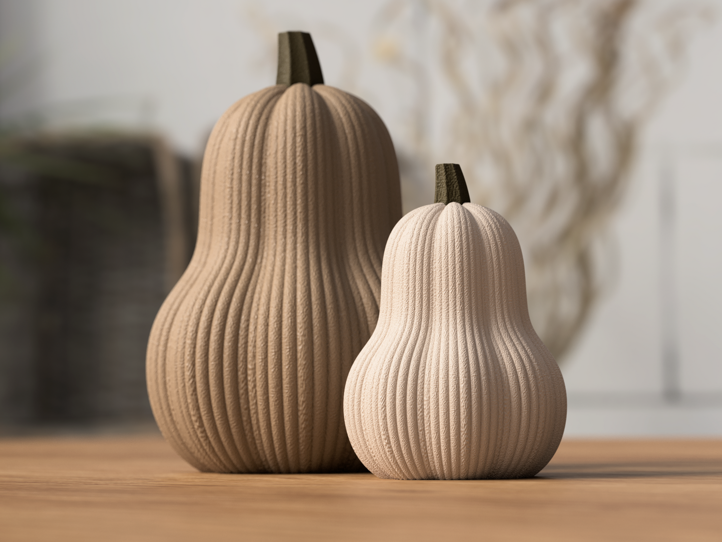 Butternut-Deko-Kürbis aus 3D-Druck im Rib-Design, matte Optik, moderne Herbstdeko