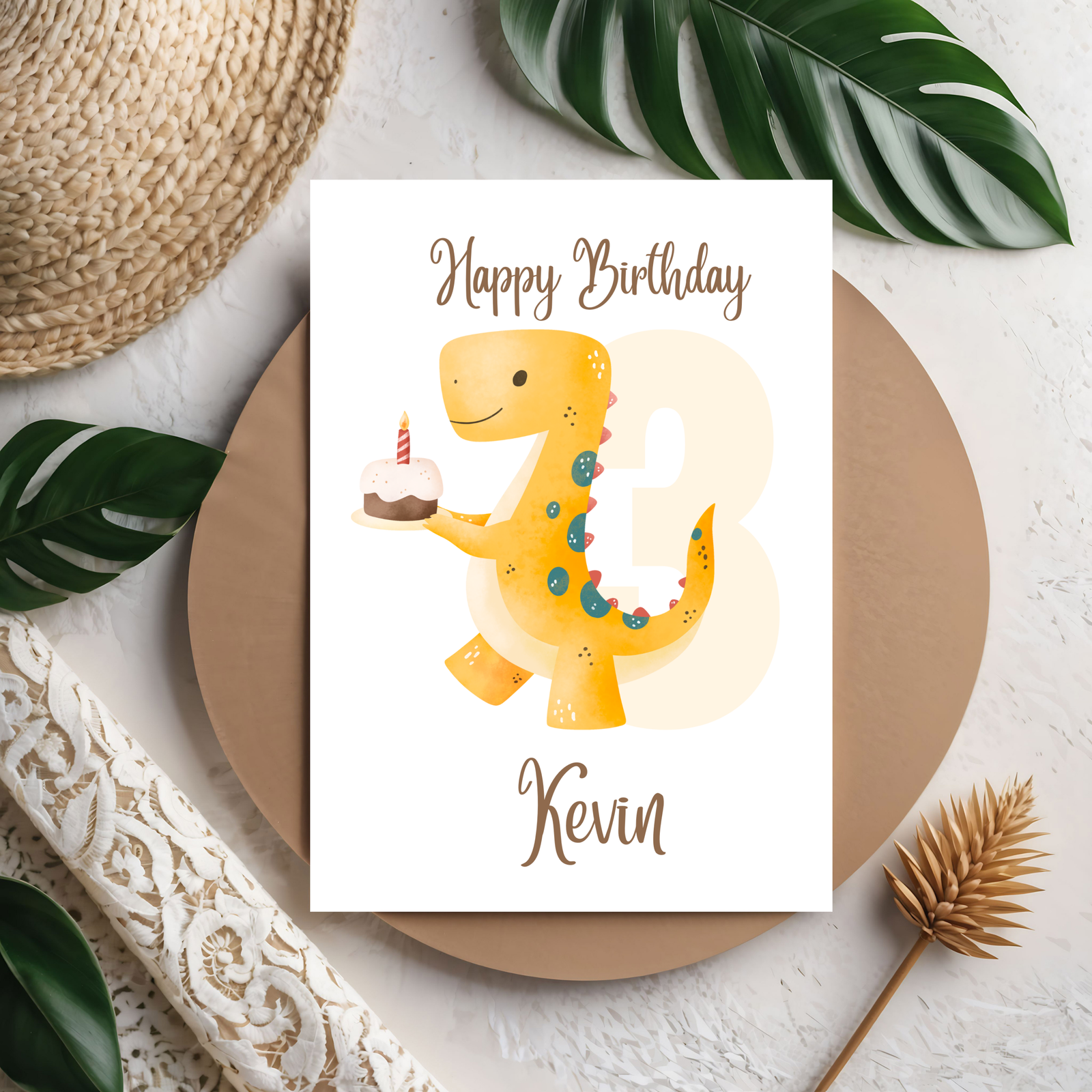 3D Happy Birthday Dino Karte – Süße Kinder-Geburtstagskarte mit fröhlichem Dinosaurier aus PLA – 3D Deko – ASDEPRO