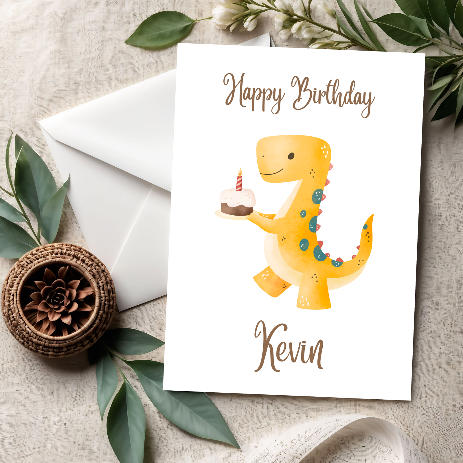 3D Happy Birthday Dino Karte – Süße Kinder-Geburtstagskarte mit fröhlichem Dinosaurier aus PLA – 3D Deko – ASDEPRO