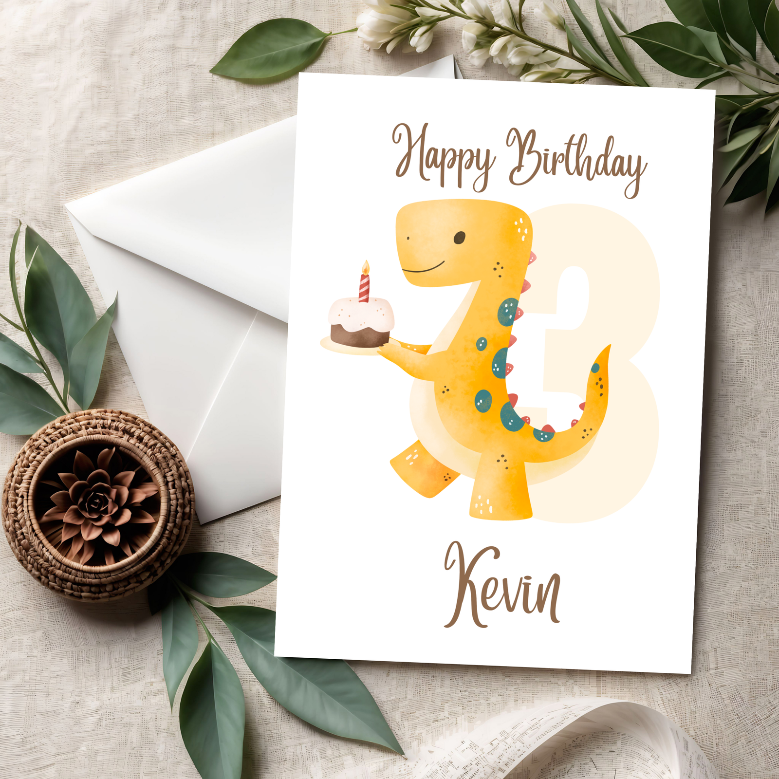 3D Happy Birthday Dino Karte – Süße Kinder-Geburtstagskarte mit fröhlichem Dinosaurier aus PLA – 3D Deko – ASDEPRO