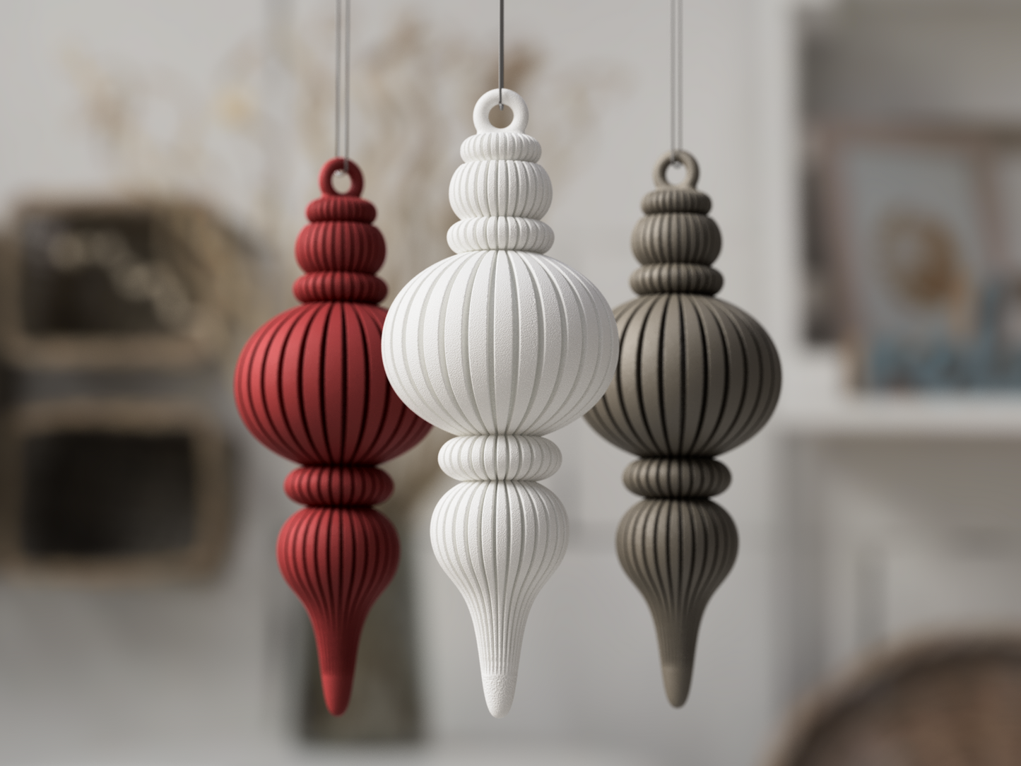 Weihnachtsornamente aus 3D-Druck im Rib-Design, matte Optik, moderne Christbaum-Anhänger