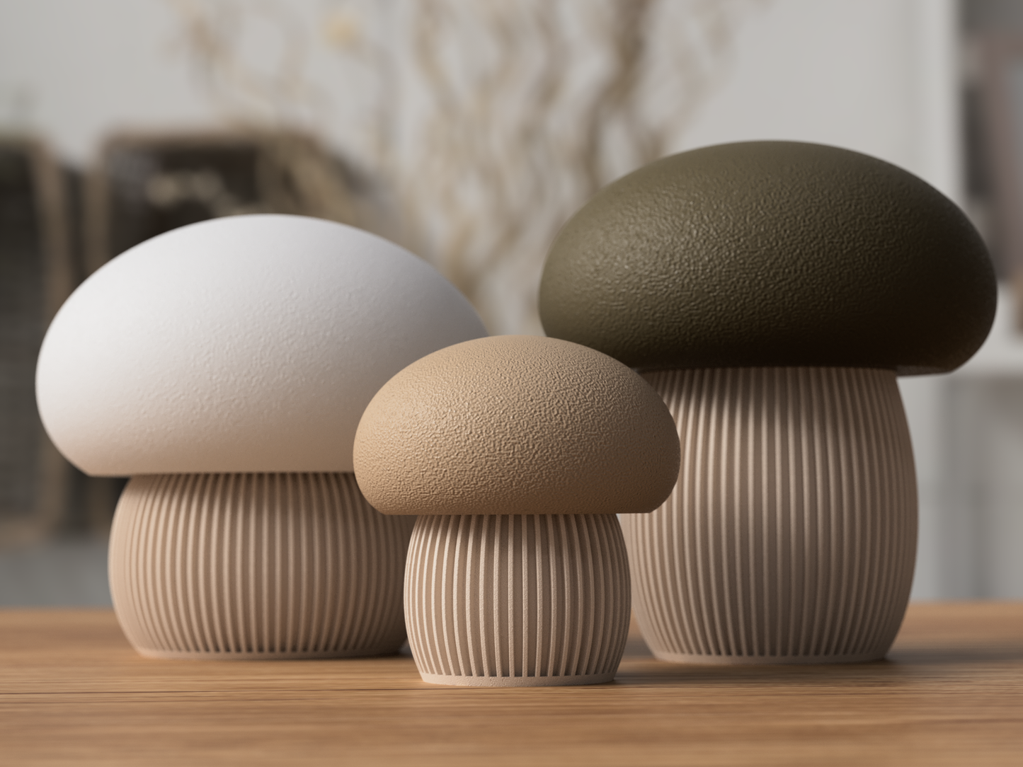 Deko-Pilz aus 3D-Druck im Japandi-Stil, matte Optik, moderne Herbstdeko
