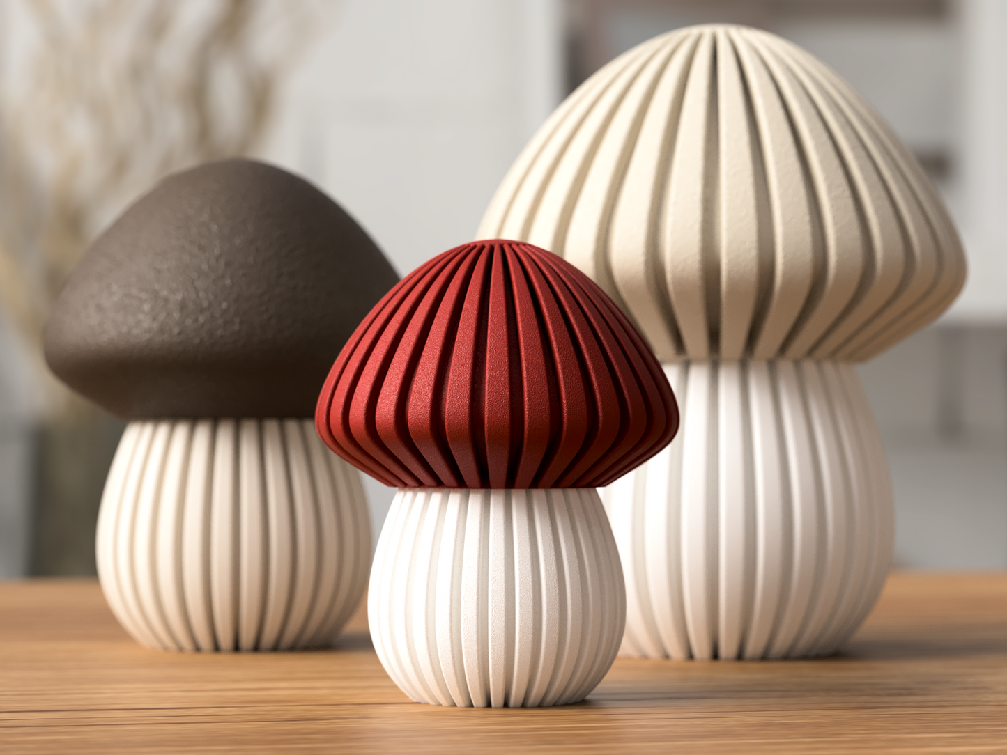 Deko-Pilz aus 3D-Druck im Rib-Design, matte Optik, moderne Herbstdeko im Skandi-Stil