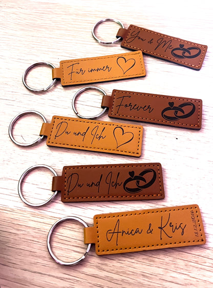 Schlüsselanhänger Leder Herz & Ringe – Paarmomente