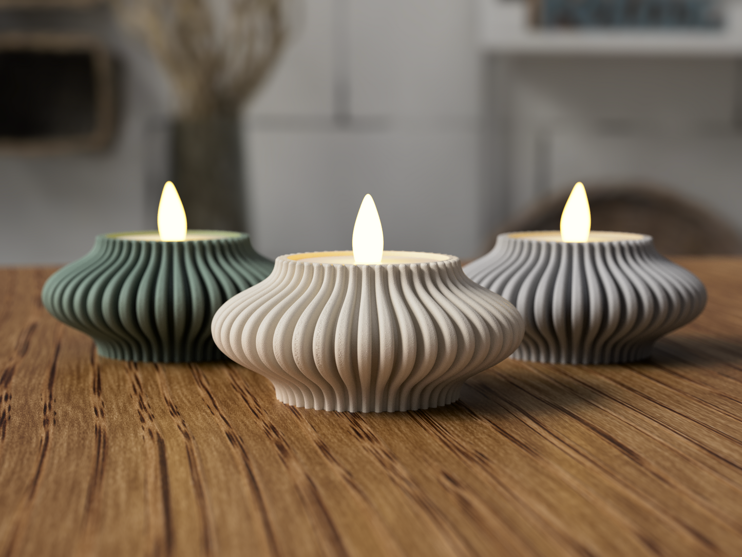 Teelichthalter im Rib-Design aus 3D-Druck, matte Optik, warmes Kerzenlicht im Skandi-Stil
