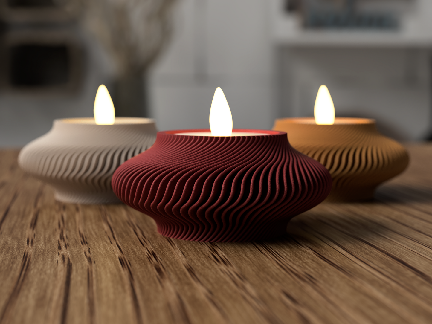Teelichthalter im Wavy-Design aus 3D-Druck, matte Optik, warmes Kerzenlicht im Skandi-Stil
