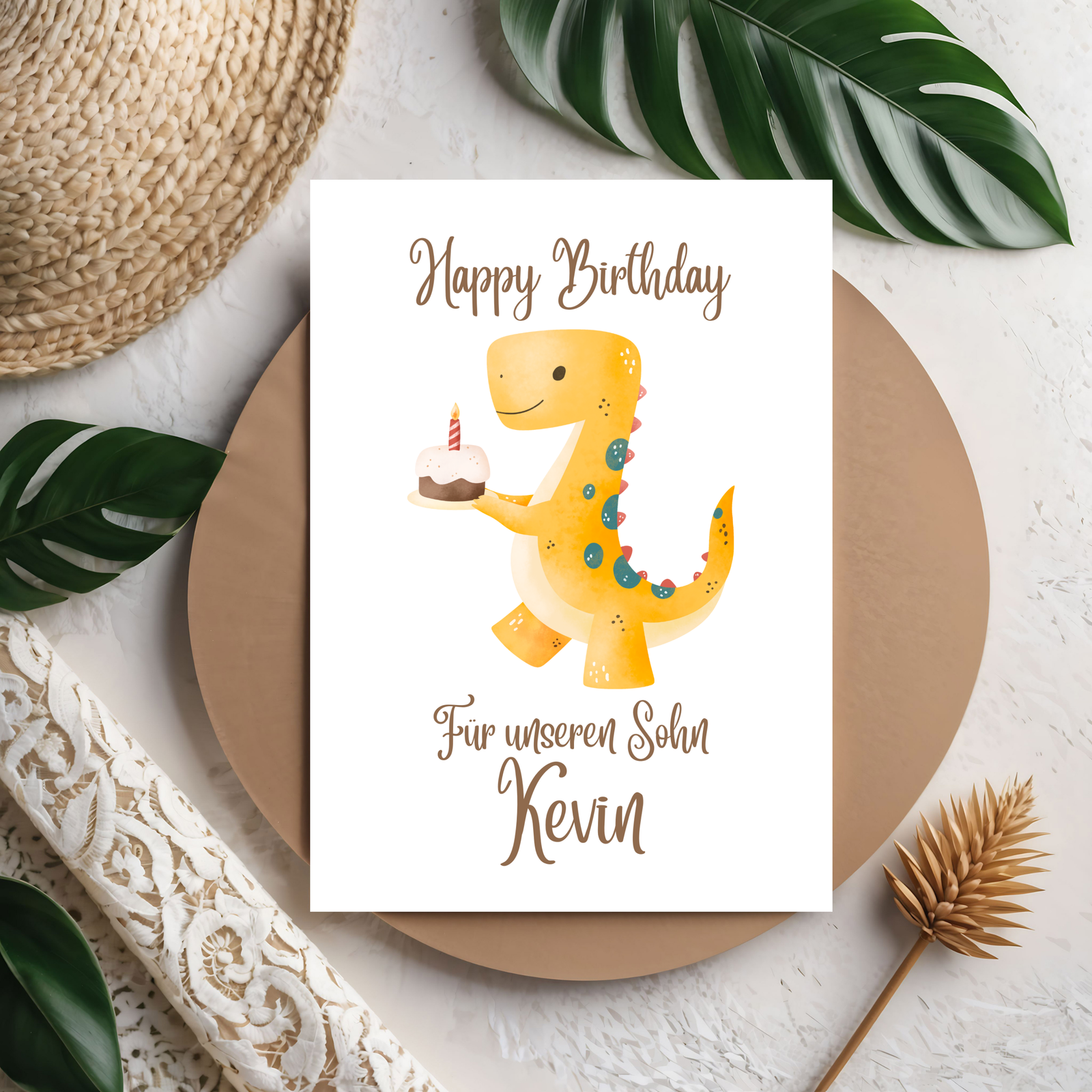 3D Happy Birthday Dino Karte – Süße Kinder-Geburtstagskarte mit fröhlichem Dinosaurier aus PLA – 3D Deko – ASDEPRO