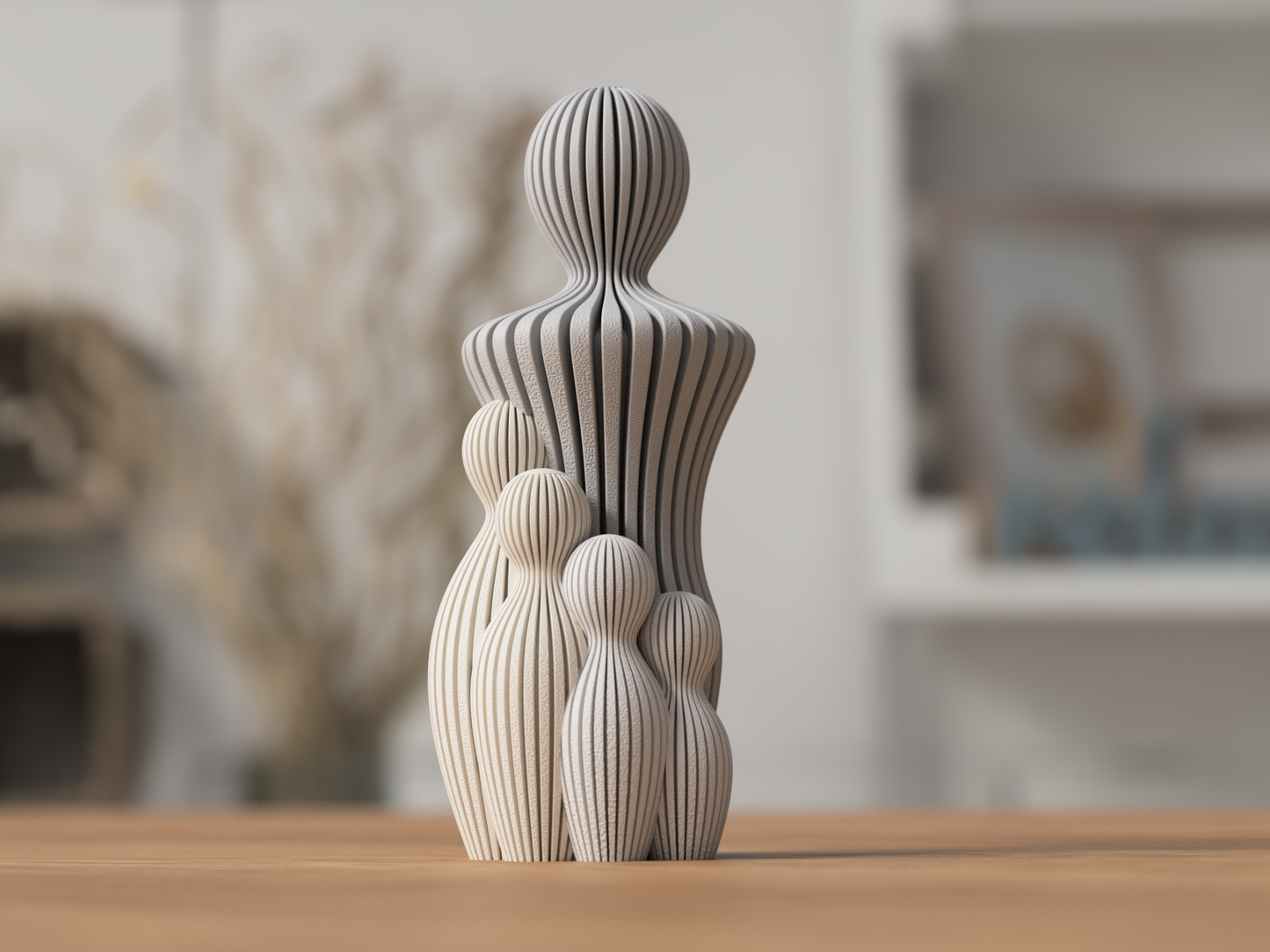 Vaterfigur mit vier Kindern aus 3D-Druck im Skandi-Stil, matte Optik, minimalistische Skulptur