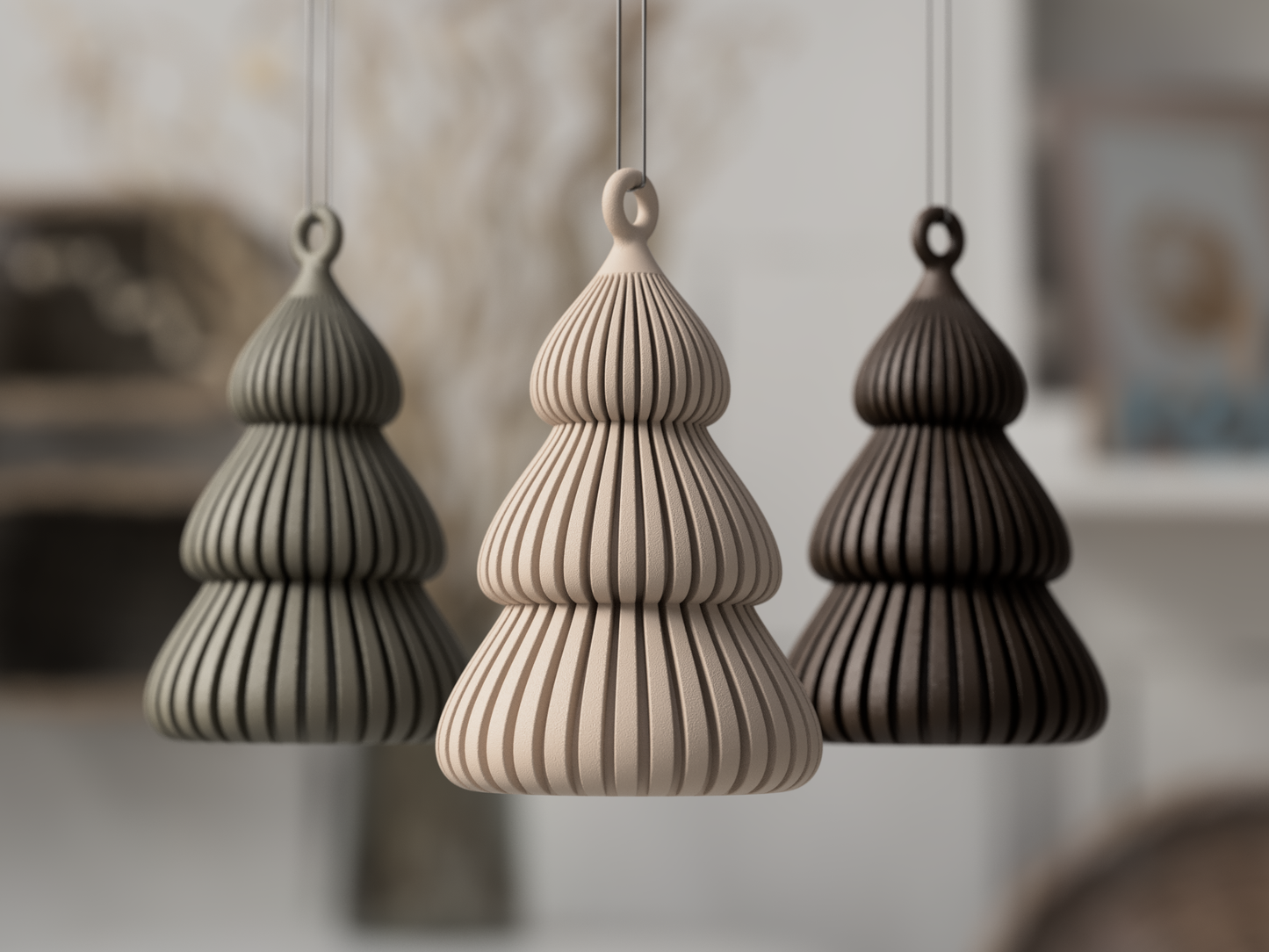 Moderner Weihnachtsbaum-Anhänger mit fein gerippter Oberfläche – im minimalistischen Skandi/Japandi-Design