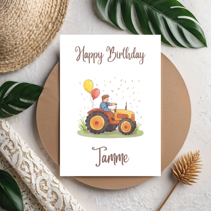 Happy Birthday Trecker Karte – Süße Kinder-Geburtstagskarte mit buntem Traktor